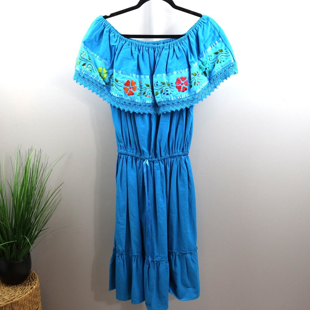 Boho Off Shoulder Embroidered Peasant Midi Dress‎ Blue
